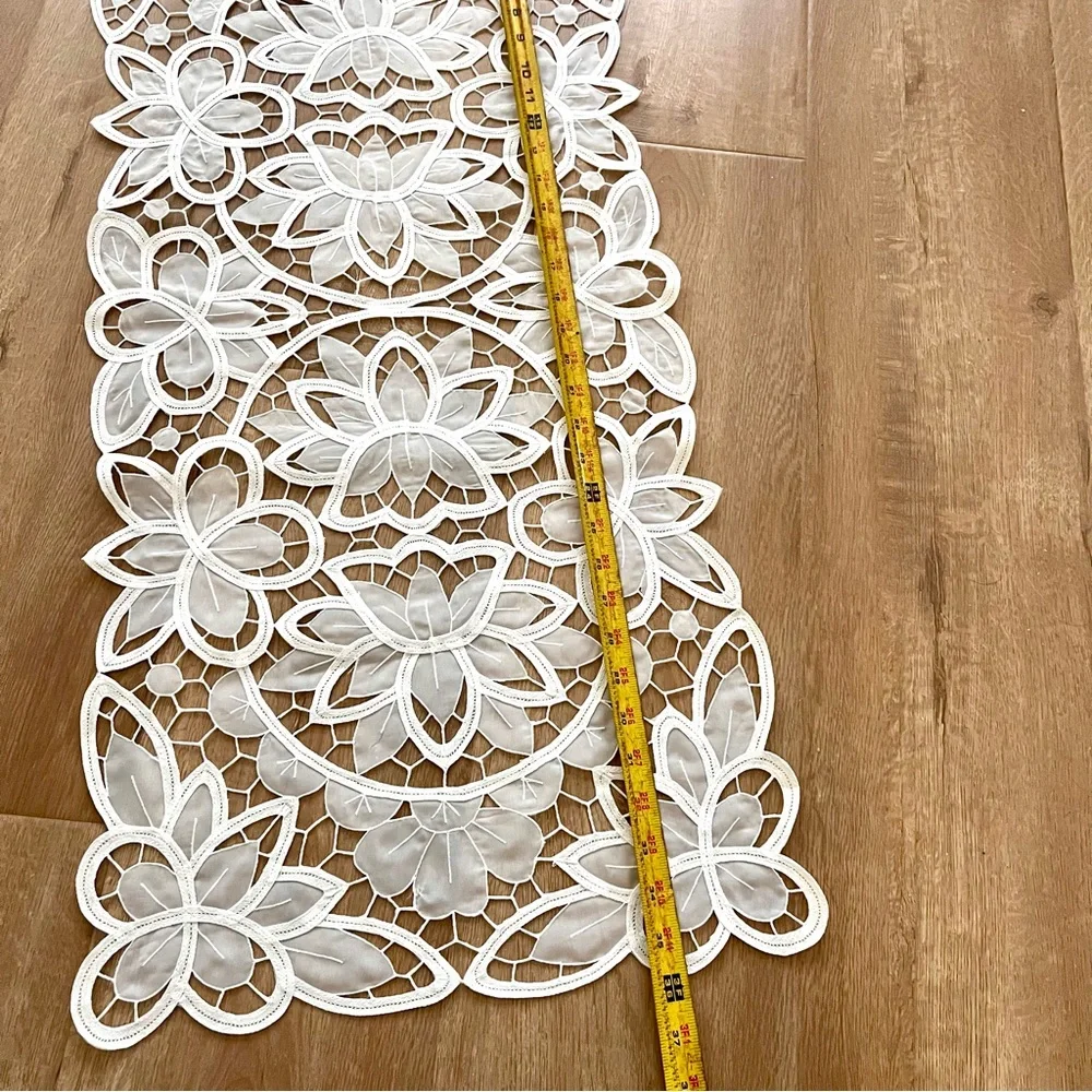 White Cutout Cotton‎ Floral Design Dresser Table Runner Tablecloth 36” X 16”